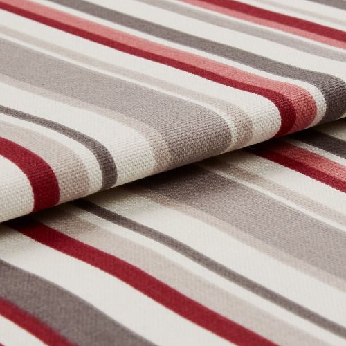 Striped woven fabric folded over itself, featuring red, gray, beige and white horizontal bands; textured knit surface; close-up product-style shot with soft, even lighting and shallow depth of field.