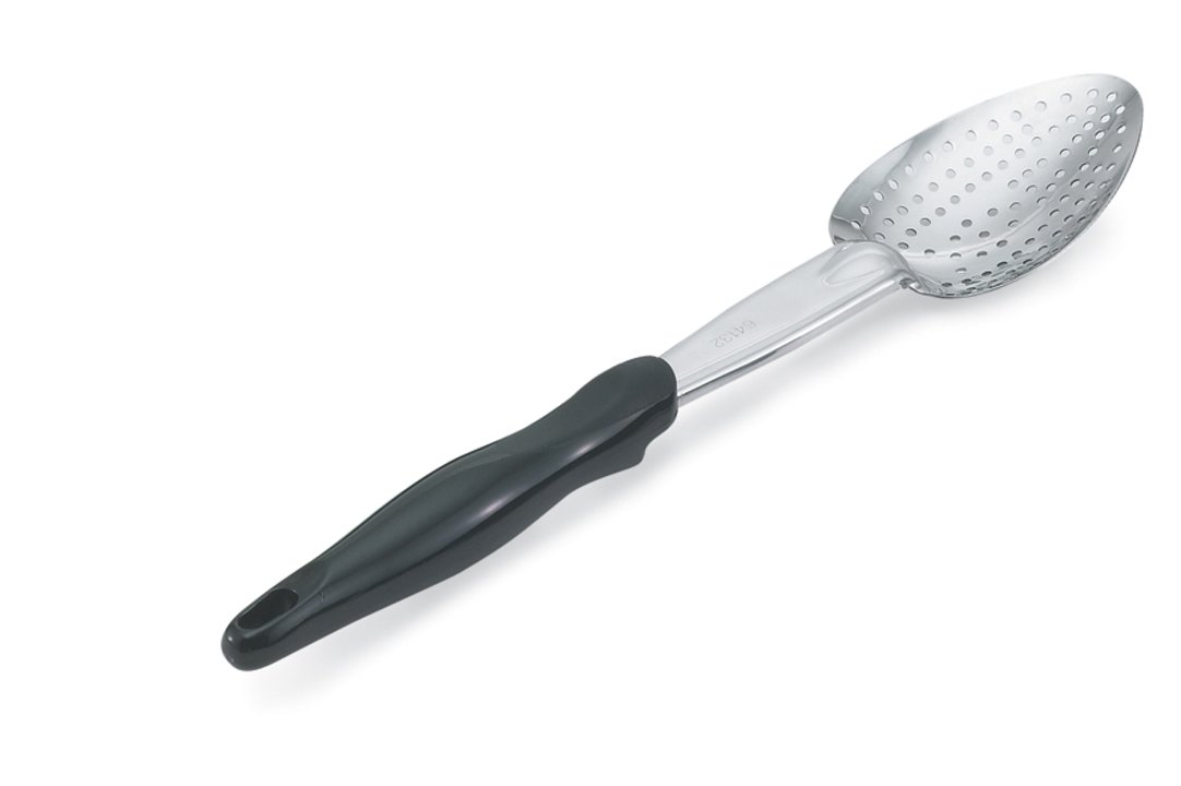 Cuchara perforada de acero inoxidable de 35 cm con mango negro Ergo Grip™
