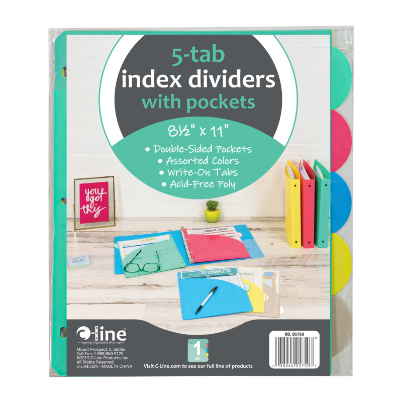 5-Tab Poly Index Dividers w/Slant Pocket, Asstd Colors