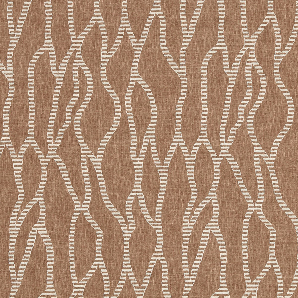 Brown woven textile with cream dashed, undulating chain-like lines; repeating pattern decorating a flat surface; close-up view, evenly lit and tightly cropped.