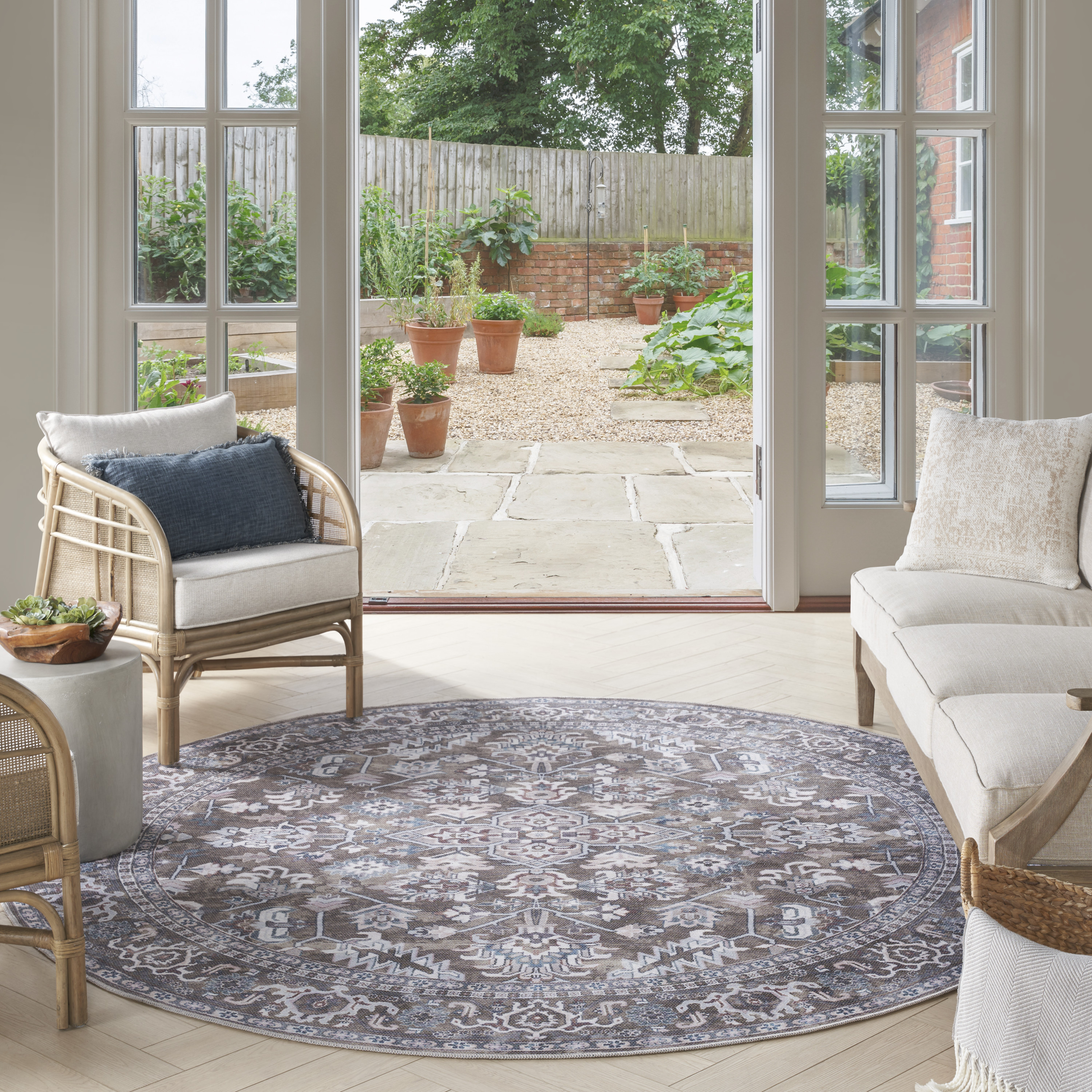 Nourison New Concept Washables 7'10" x Round Olive Ivory Vintage Indoor Rug