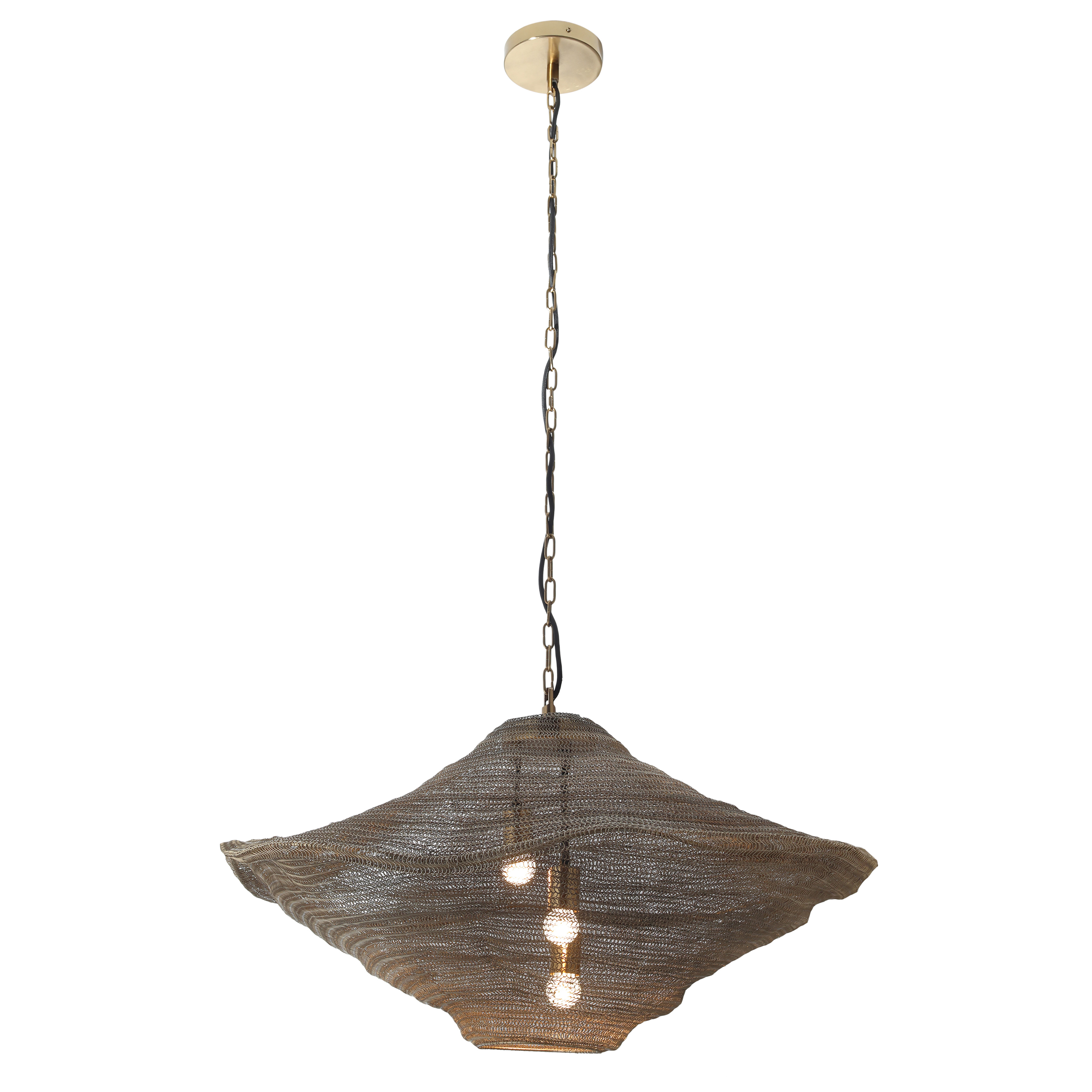 The Marseille pendant brings modern elegance with its distinctive gilded brass mesh construction. At 34 inches wide, this three-light fixture creates a stunning focal point over dining tables and kitchen islands while providing ample illumination. - alternate view