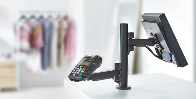 Point-of-Sale Customize cashier stations to lift POS hardware elements off the counter and display them beautifully.