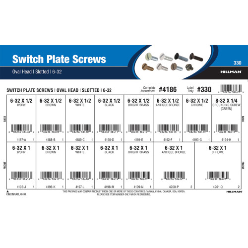 Slotted Oval-Head Switch Plate Screws Assortment (#6-32)