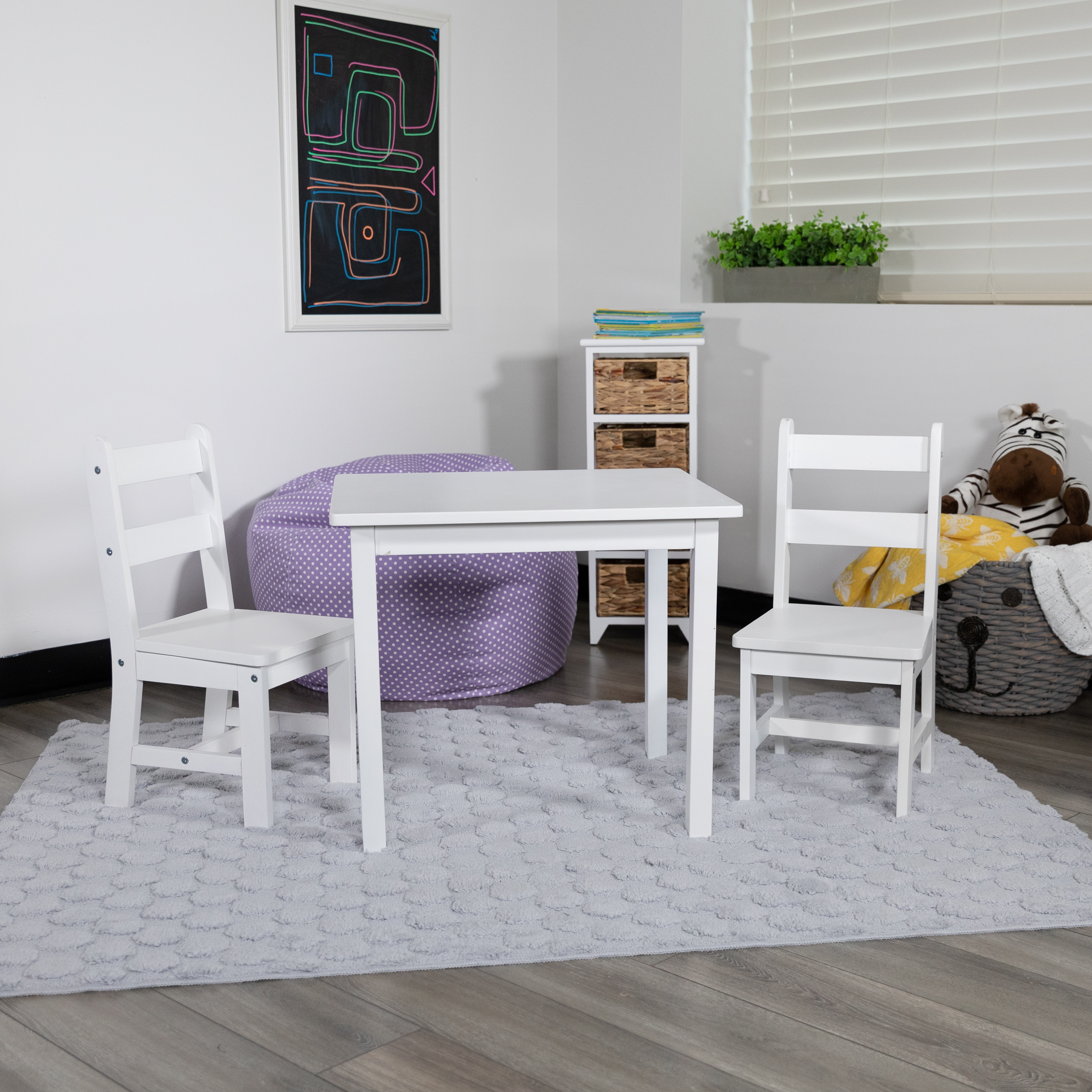 Juego de mesa y silla de madera maciza para niños de 3 piezas para sala de juegos, cocina - blanco - Imagen 32 de 37