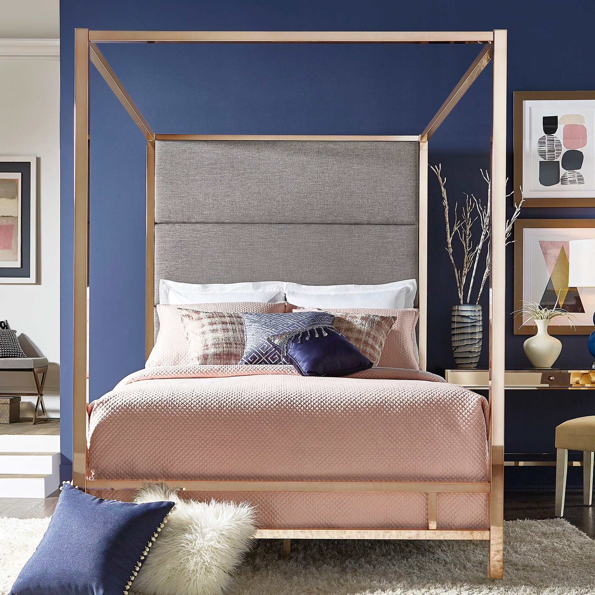 Metal Canopy Bed with Linen Panel Headboard
