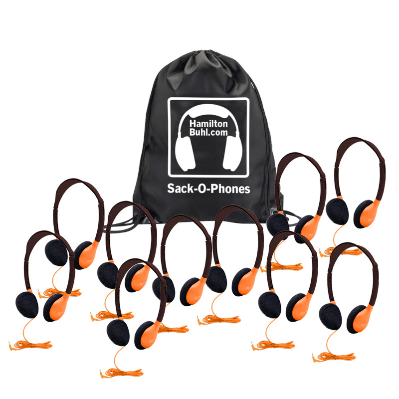 Sack-O-Phones, 10 Personal Headphones in a Carry Bag, Orange