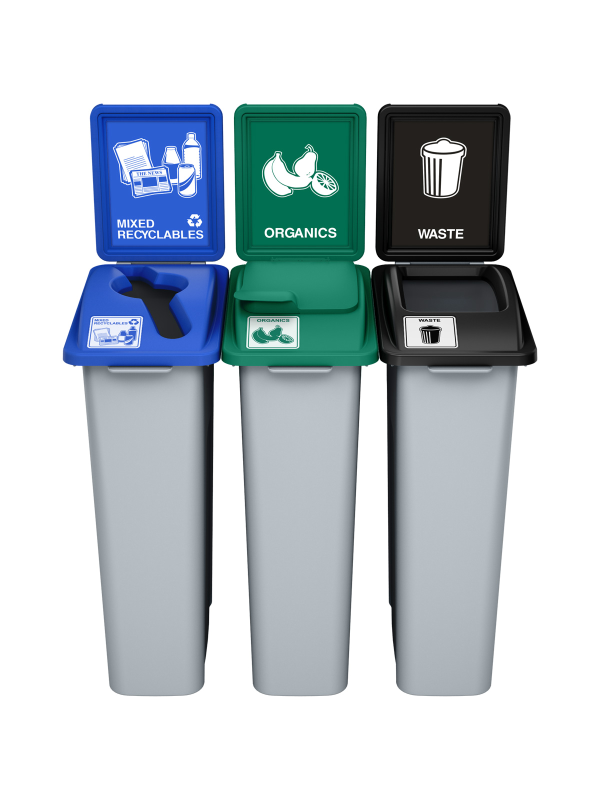 WASTE WATCHER – Triple – Kit – Mixed Recyclables-Organics-Waste – Mixed-Solid Lift-Full – Grey-Blue-Green-Black