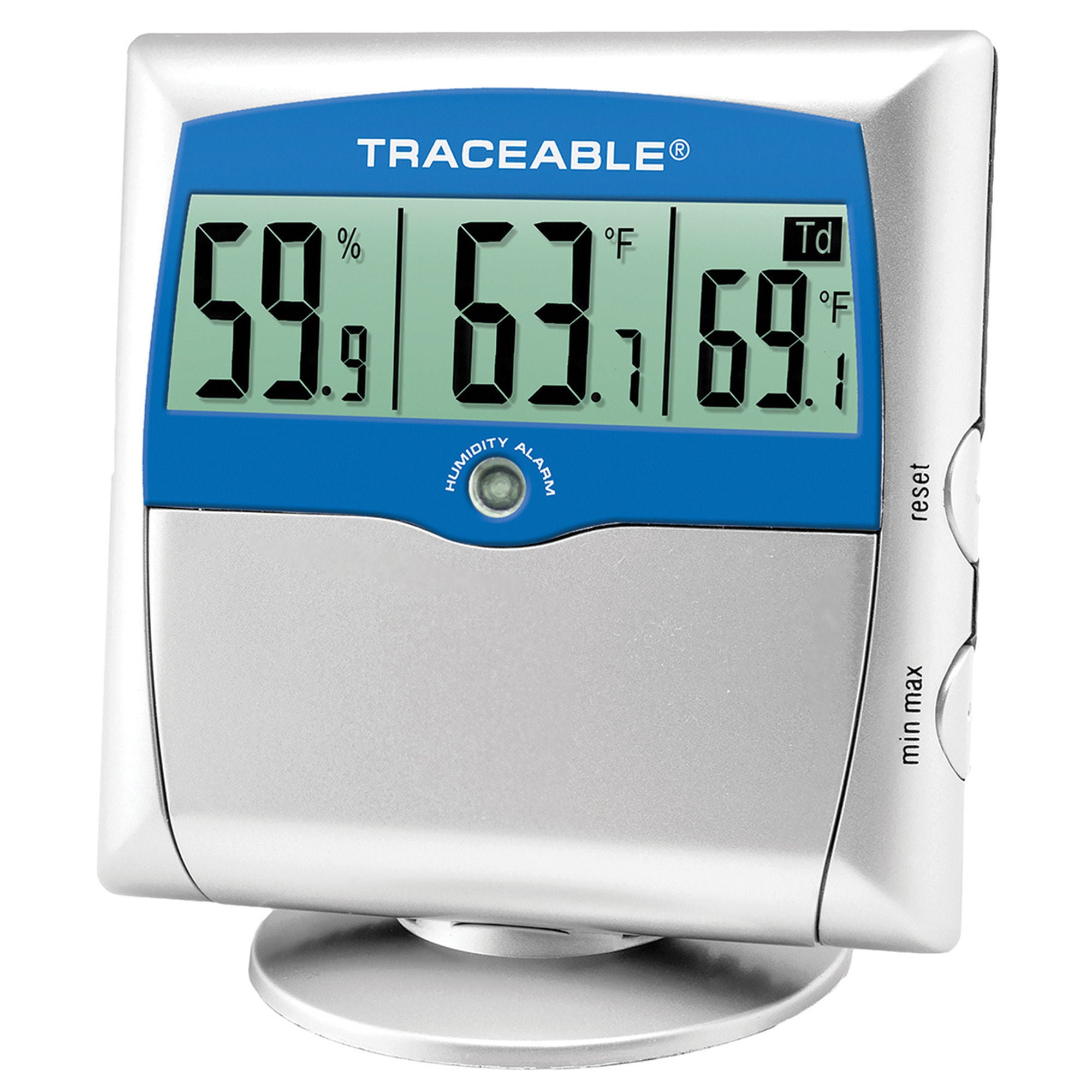 Digital Thermometer / Hygrometer with Alarm Traceable® Fahrenheit / Celsius 14° to 140°F (-10° to +60°C) Solid State Sensors Free-standing / Wall Mount Battery Operated