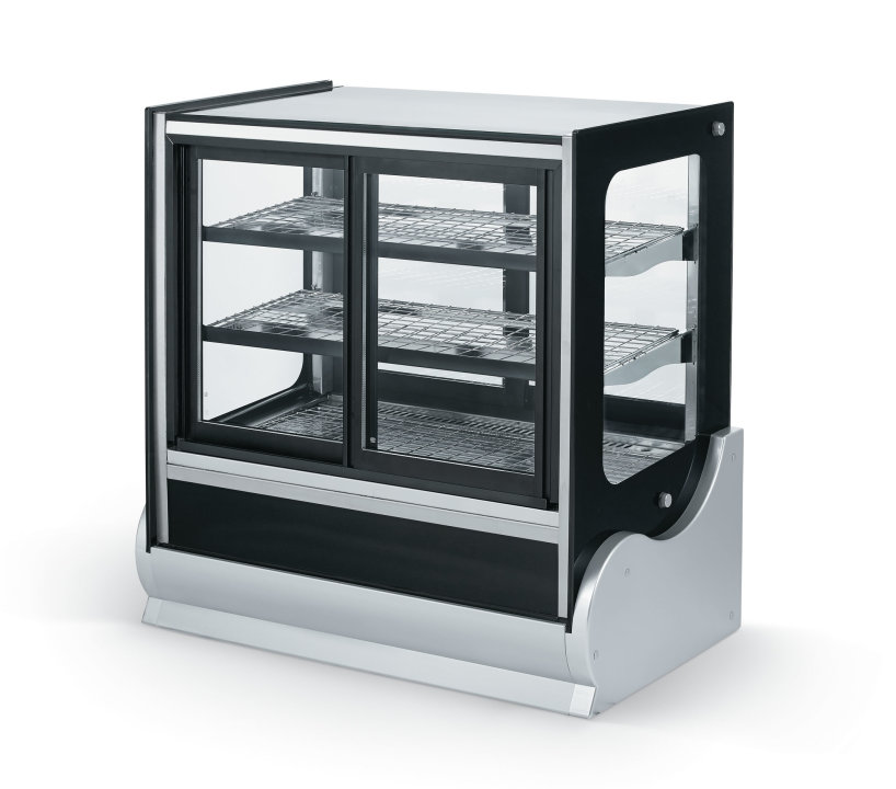 3-tier 36-inch-wide 120-volt cubed-glass refrigerated display case with front and rear access in black