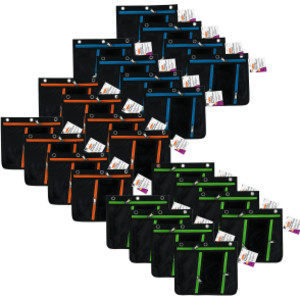Expanding Pencil Pouch, 3 Pocket, 11"W x 9.5"H x 1"D, Assorted Colors, Pack of 24