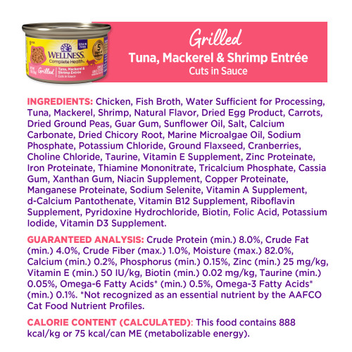 <p>Chicken, Fish Broth, Water Sufficient for Processing, Tuna, Mackerel, Shrimp, Natural Flavor, Dried Egg Product, Carrots, Dried Ground Peas, Guar Gum, Sunflower Oil, Salt, Calcium Carbonate, Dried Chicory Root, Marine Microalgae Oil, Sodium Phosphate, Potassium Chloride, Ground Flaxseed, Cranberries, Choline Chloride, Taurine, Vitamin E Supplement, Zinc Proteinate, Iron Proteinate, Thiamine Mononitrate, Tricalcium Phosphate, Cassia Gum, Xanthan Gum, Niacin Supplement, Copper Proteinate, Manganese Proteinate, Sodium Selenite, Vitamin A Supplement, d-Calcium Pantothenate, Vitamin B12 Supplement, Riboflavin Supplement, Pyridoxine Hydrochloride, Biotin, Folic Acid, Potassium Iodide, Vitamin D3 Supplement.</p>
