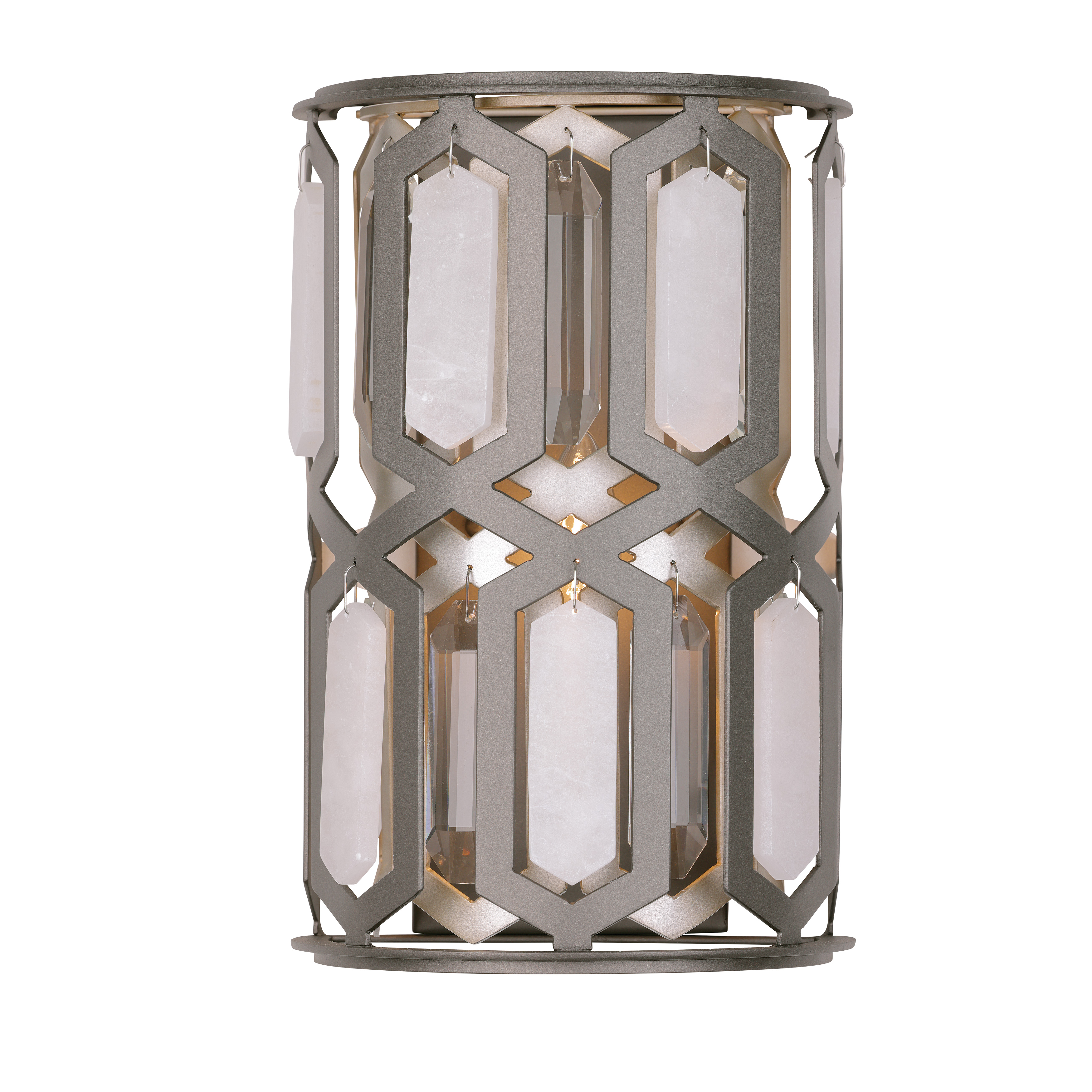 The Hexly wall sconce combines luxurious materials—crystal, alabaster stone, and mixed metal finishes—in a compact 12" design. Perfect for adding refined elegance to intimate spaces with its contemporary aesthetic and artisanal details. - alternate view