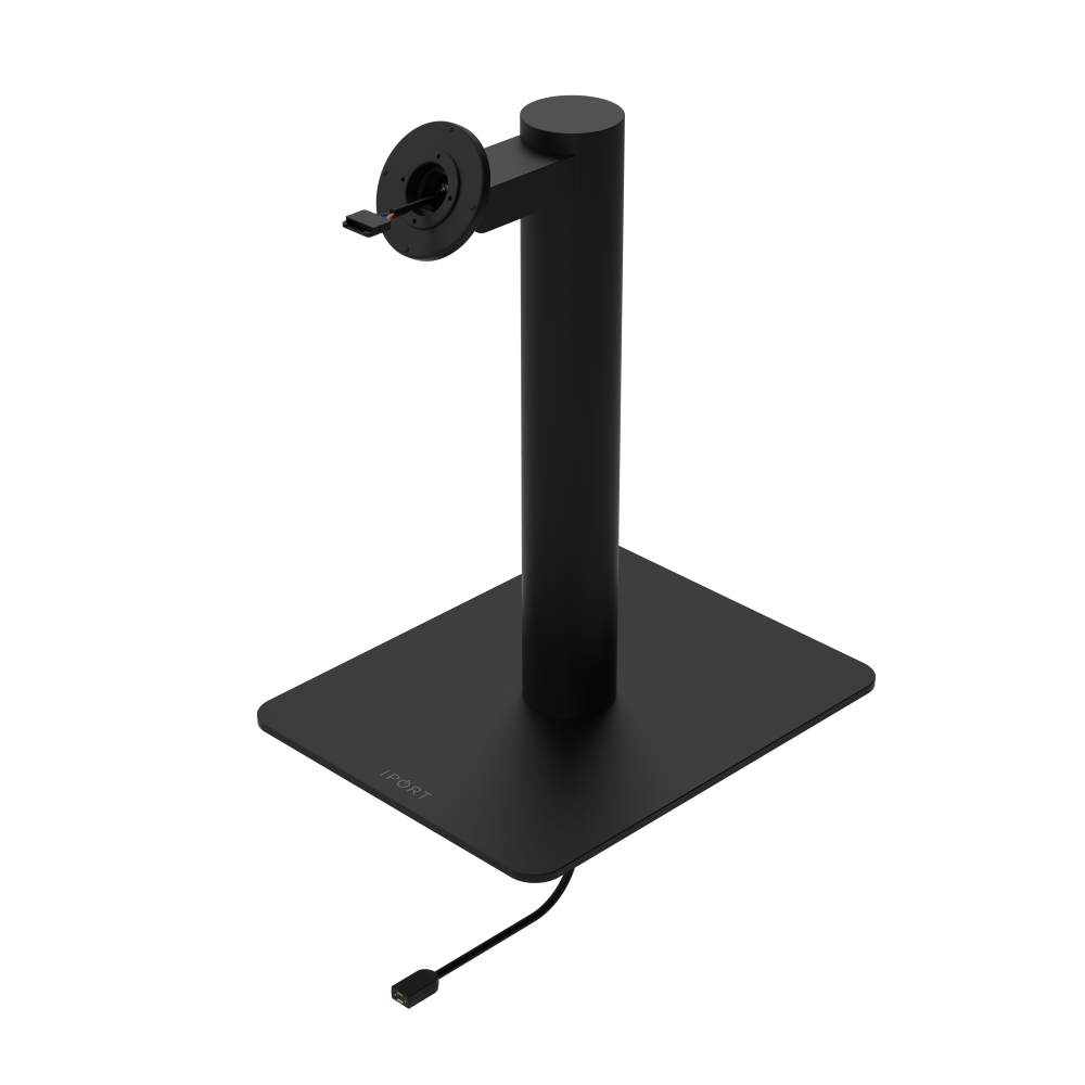 CONNECT MOUNT Pillar Single iPads on a Baseplate in black fifteen inches high with a CONNECT MOUNT head and Hirose H10 Connection.