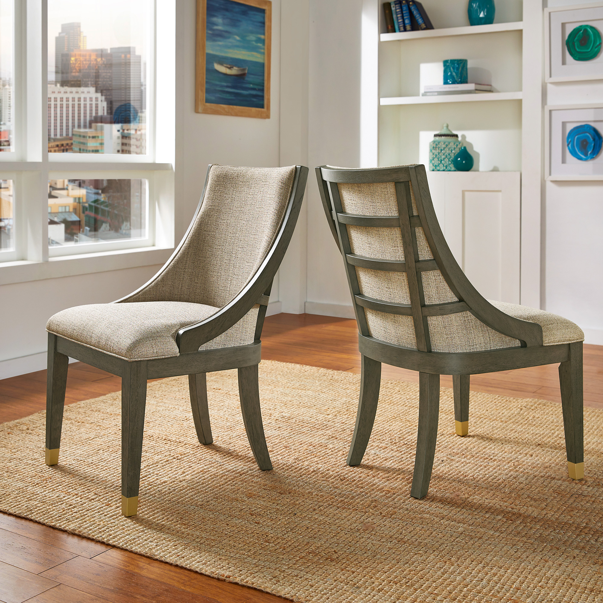 Brown Finish Gold Metal Beige Fabric Dining Chair (Set of 2)