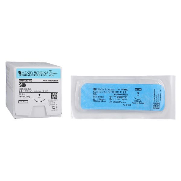 Henry Schein 4-0 Black Braided Silk Sutures, C-6, 18"