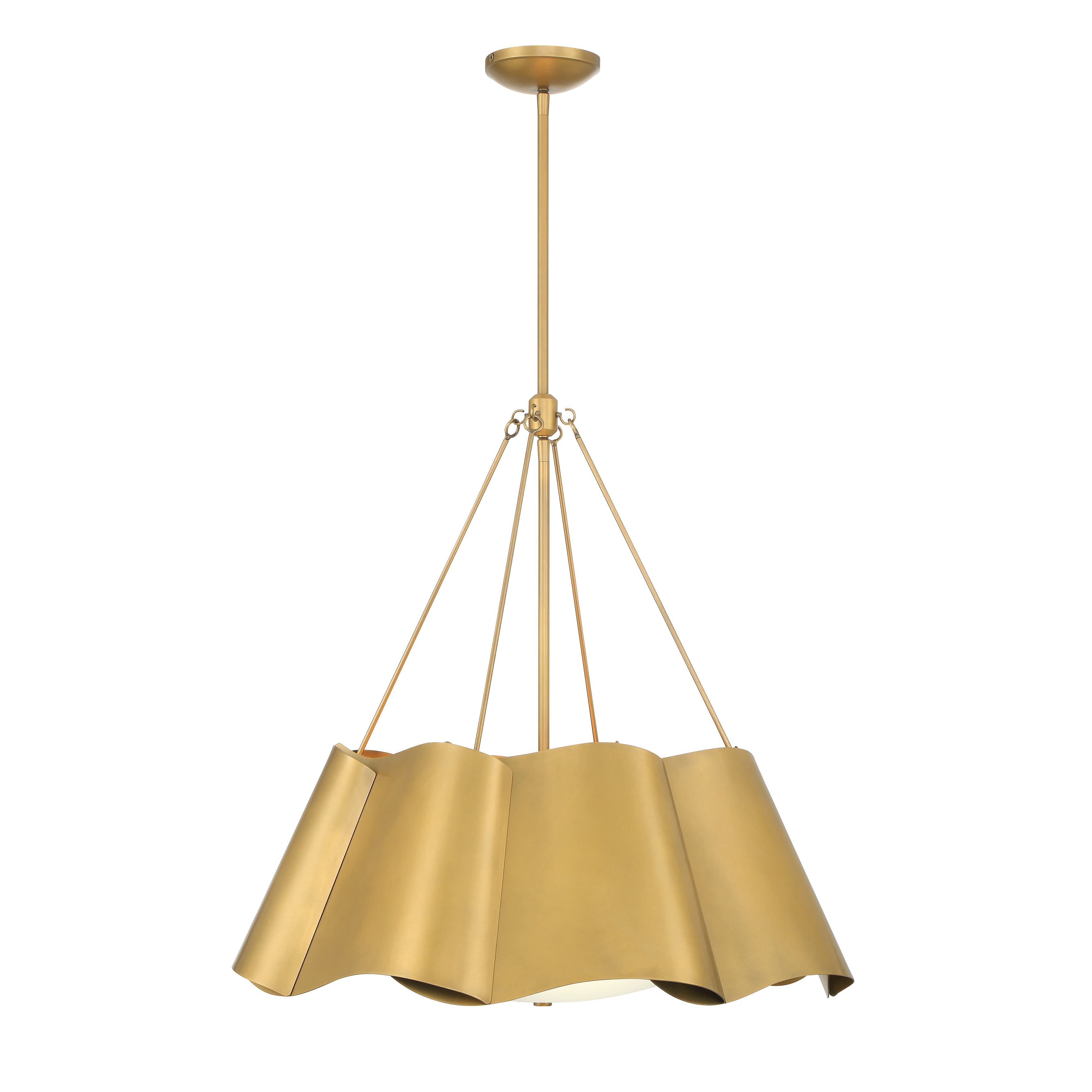 The Waveform pendant combines classic brass warmth with contemporary clean lines. Its 26-inch width and etched glass shades provide generous illumination while the transitional design bridges traditional and modern aesthetics seamlessly. - alternate view