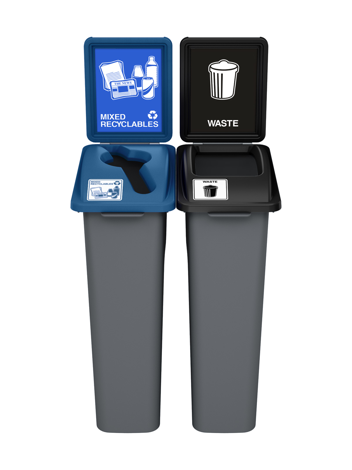 WASTE WATCHER – Double – Kit – Mixed Recyclables-Waste – Mixed-Full – Grey PCR-Blue PCR-Black PCR