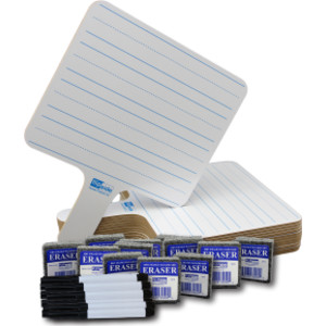 Two-Sided Rectangular Dry Erase Writing Paddles, Pens, and Erasers, Class Pack of 12