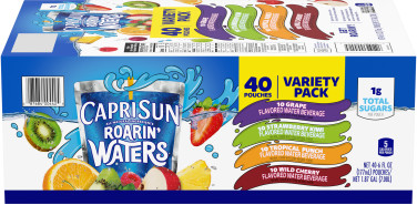 Capri Sun Roarin' Waters Grape Geyser, Strawberry Kiwi Surf, Tropical Tide & Wild Cherry Waterfall Naturally Flavored Water Beverage Variety Pack, 40 ct Box, 6 fl oz Drink Pouches