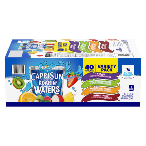 Capri Sun Roarin' Waters Grape Geyser, Strawberry Kiwi Surf, Tropical Tide and Wild Cherry Waterfall Naturally Flavored Water Beverage Variety Pack, 40 ct Box, 6 fl oz Drink Pouches Image