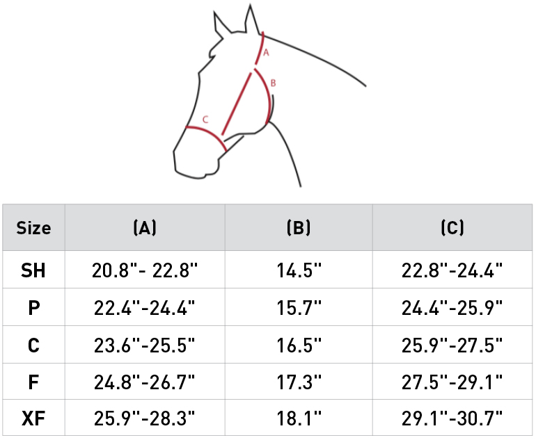 Size chart for Horze Fremont Leather Horse Halter - Black