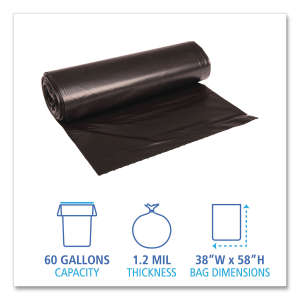 Boardwalk,  LLDPE Liner, 60 gal Capacity, 38 in Wide, 58 in High, 1.2 Mils Thick, Black