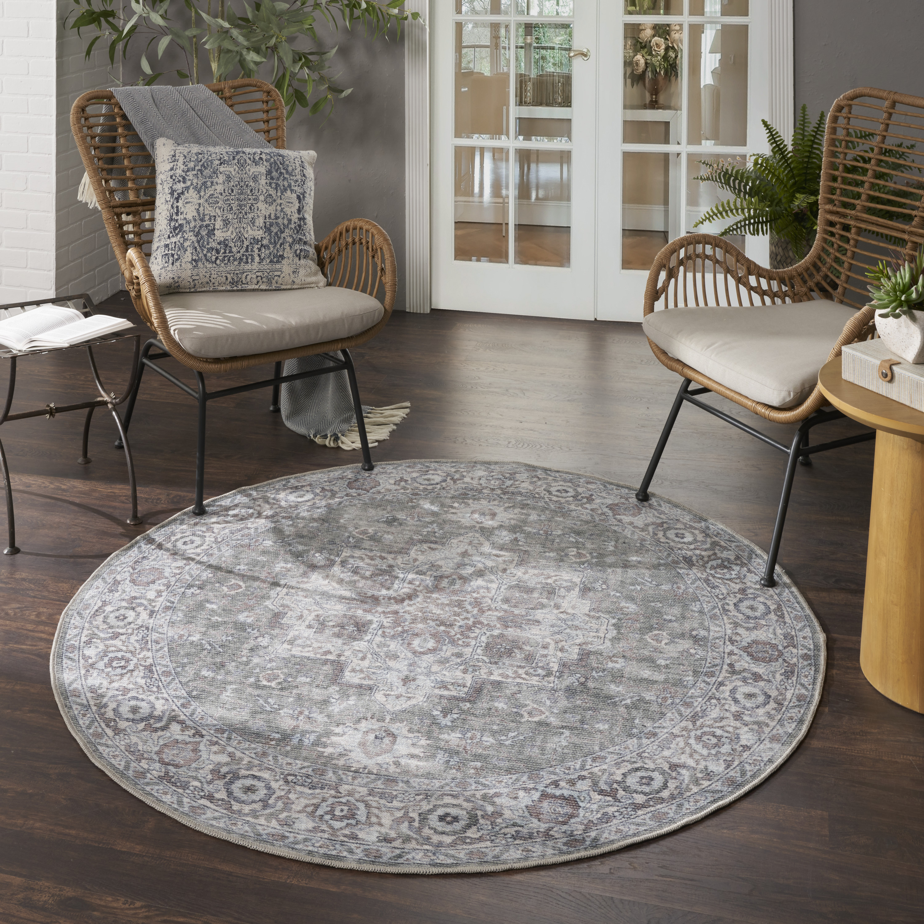 Nourison New Concept Washables 5'3" x Round Ivory Grey Vintage Indoor Rug