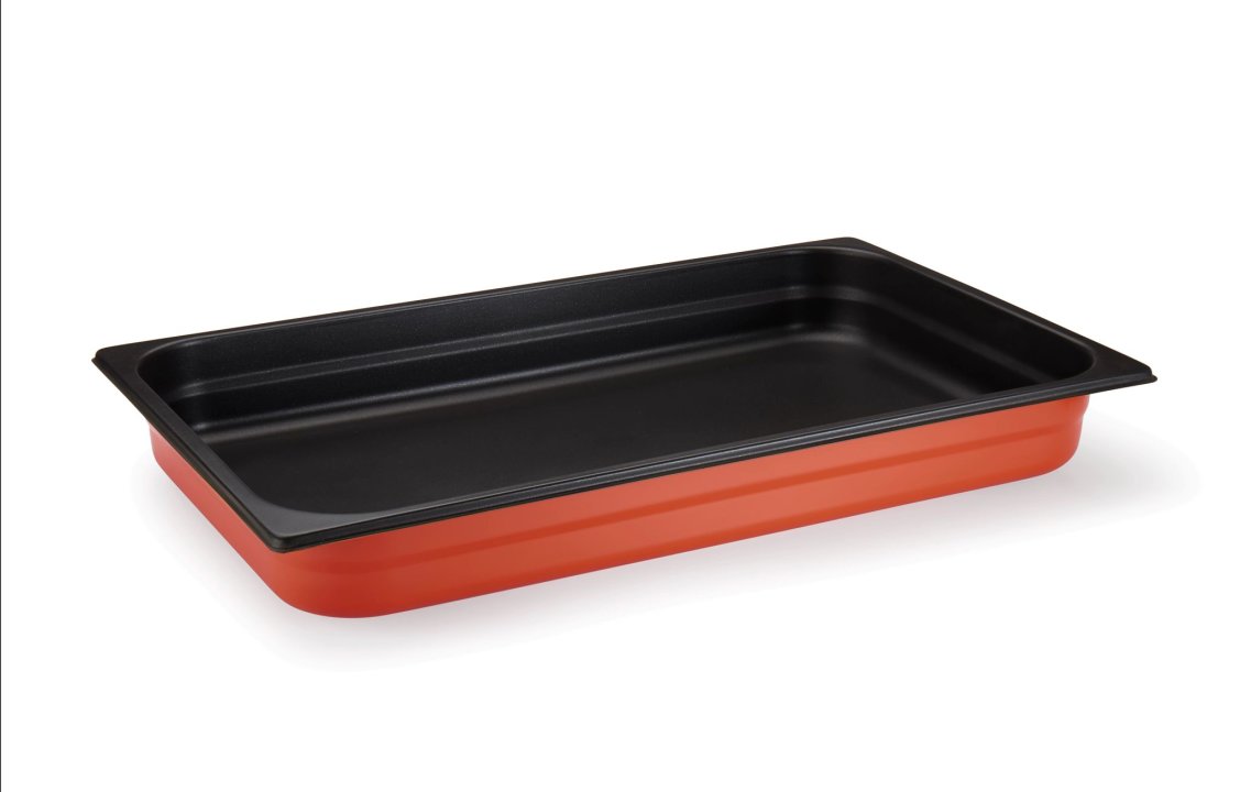 Cacerola de mesa de vapor tamaño 1/2 gastronorm 65 milímetros de profundidad 18/10 grado de acero inoxidable de inducción-listo en naranja con recubrimiento antiadherente