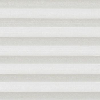 Horizontal cellular blinds, fully lowered, alternating white and pale gray textured fabric; closed and gently filtering daylight; set across a window in a softly lit interior with no visible view.