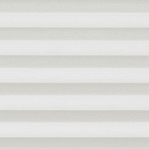 Horizontal cellular blinds, fully lowered, alternating white and pale gray textured fabric; closed and gently filtering daylight; set across a window in a softly lit interior with no visible view.