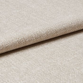 Beige woven fabric with a tight, looped texture, folded over itself; close-up studio view with soft, even lighting highlighting subtle sheen and detailed weave.