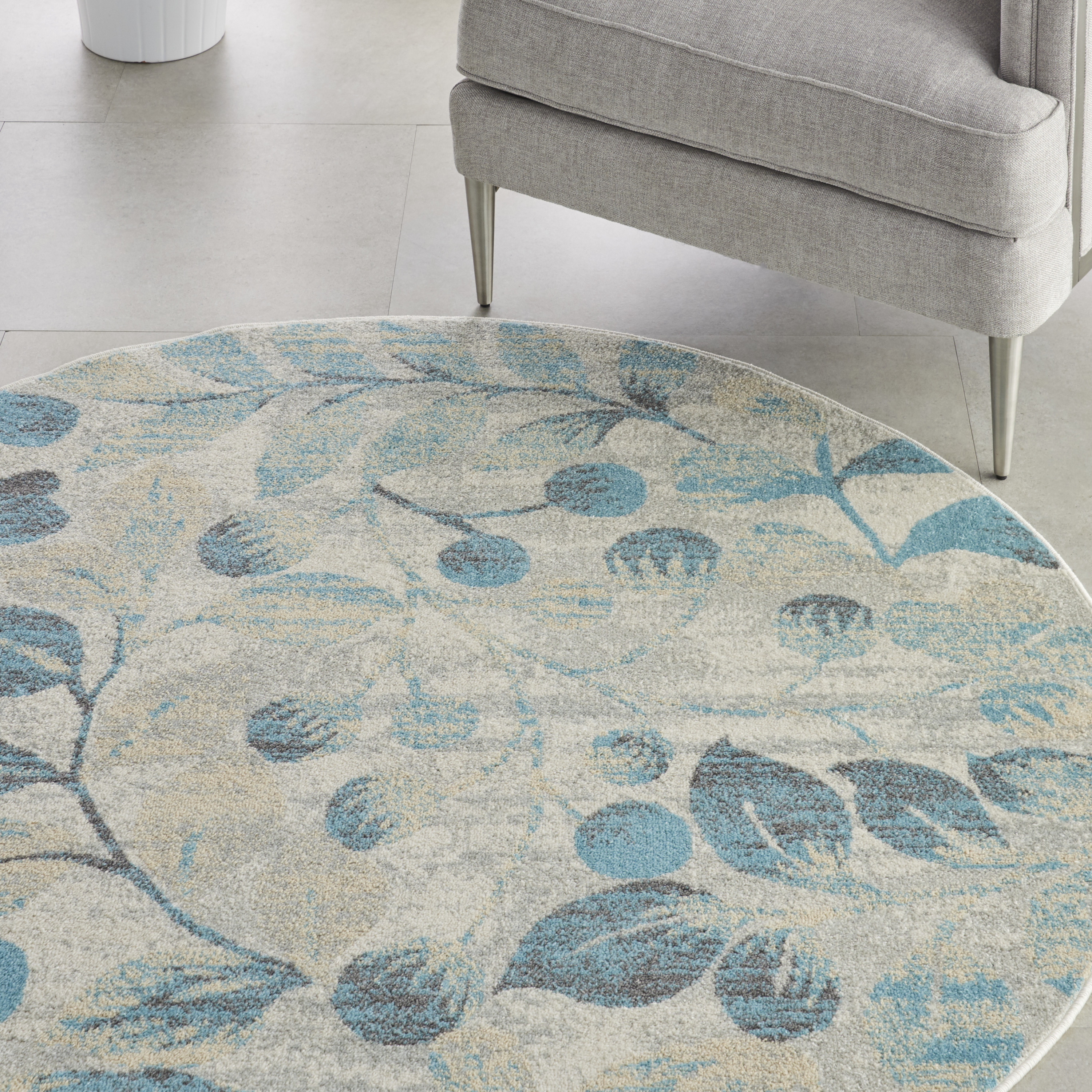 Nourison Tranquil 5'3" x Round Ivory/Turquoise Farmhouse Indoor Rug