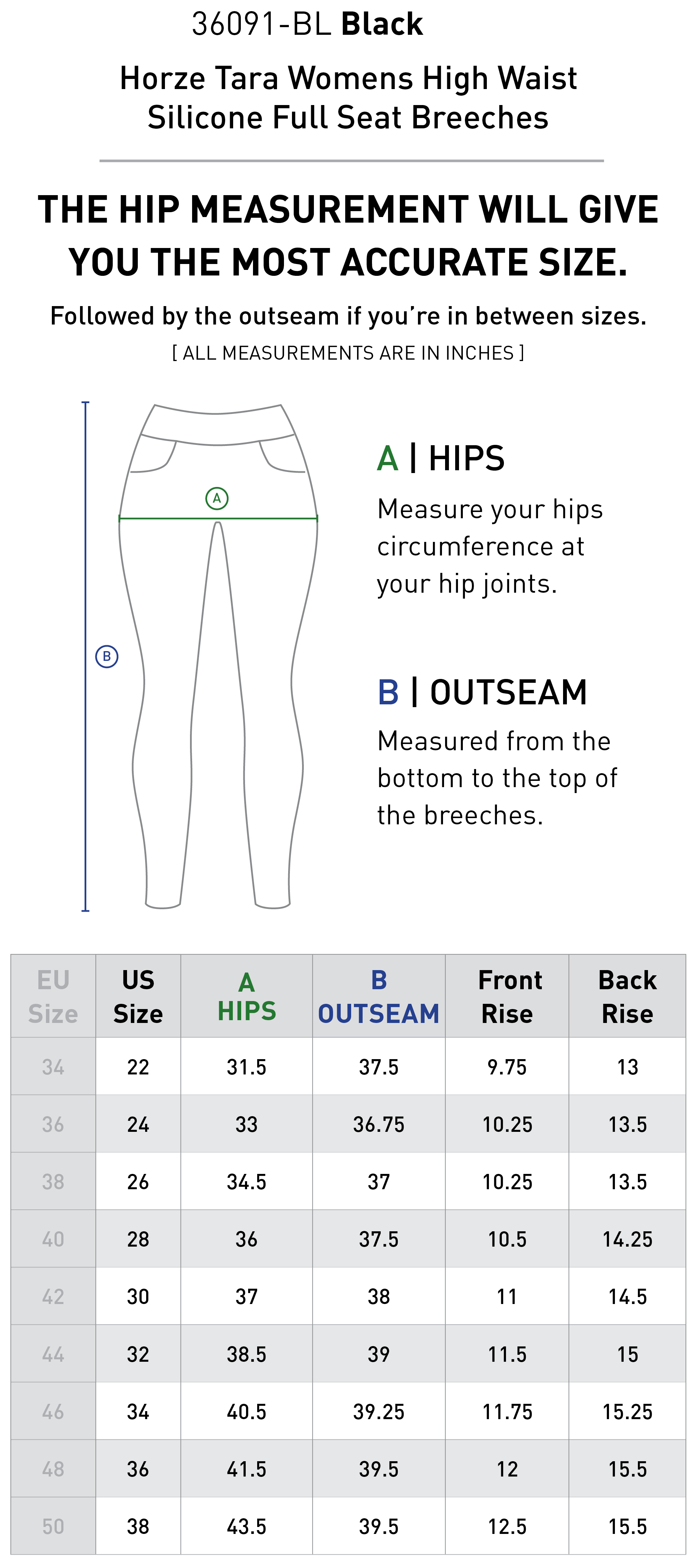 Size chart for Horze Tara Womens High Waist Silicone Full Seat Breeches - Black
