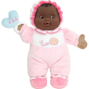 Lil' Hugs Baby's First Soft Doll, Vinyl Face, Pastel Outfits with Rattle, 12" African-American