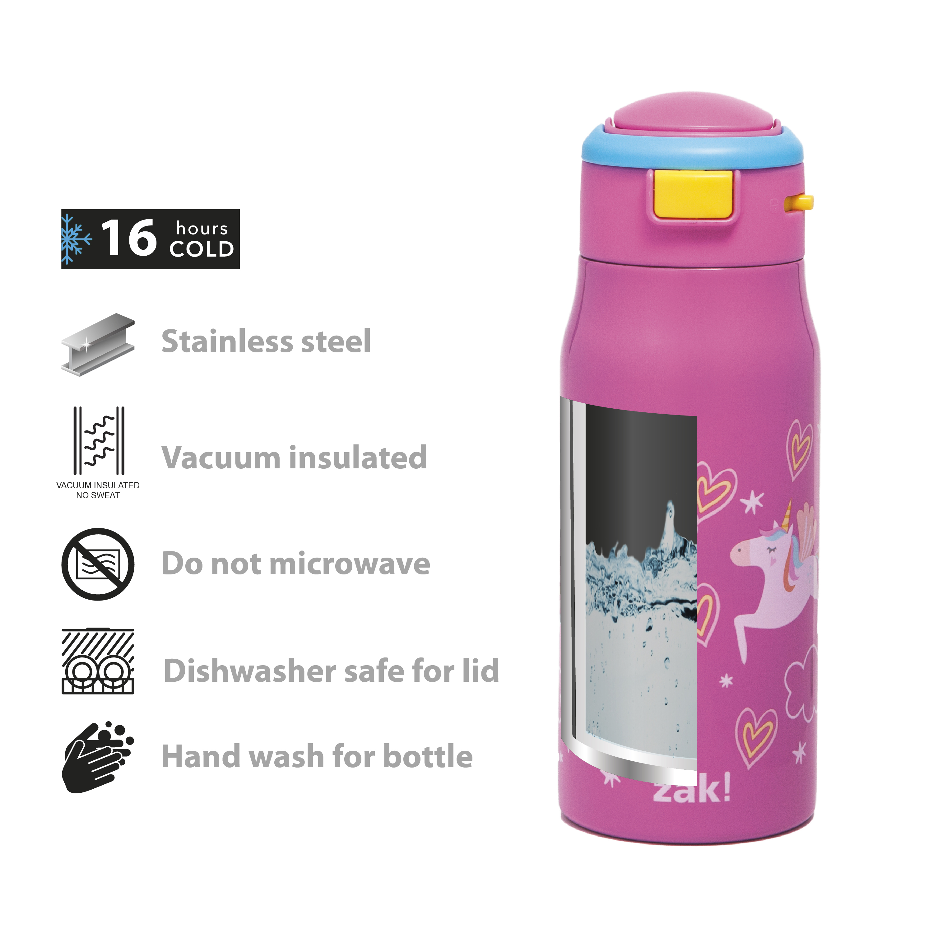 Zak Hydration 13.5 ounce Mesa Double Wall Insulated Stainless Steel Water Bottle, Unicorns slideshow image 7