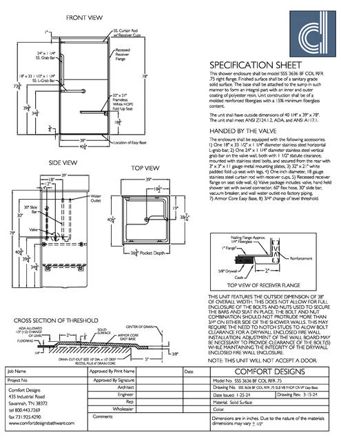 Technical Drawing — Cd Shower Spec Sheet Sss 3636 Bf 75 Col Rfr Slb Vb Fhdp Cr Vp Easy Base