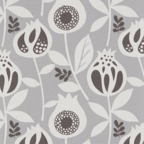 Wallpaper â€” light-gray, matte textured surface patterned with repeating stylized white and dark-gray pomegranate-like flowers and leaves; the motif repeats uniformly, covering a flat interior wall under even lighting.