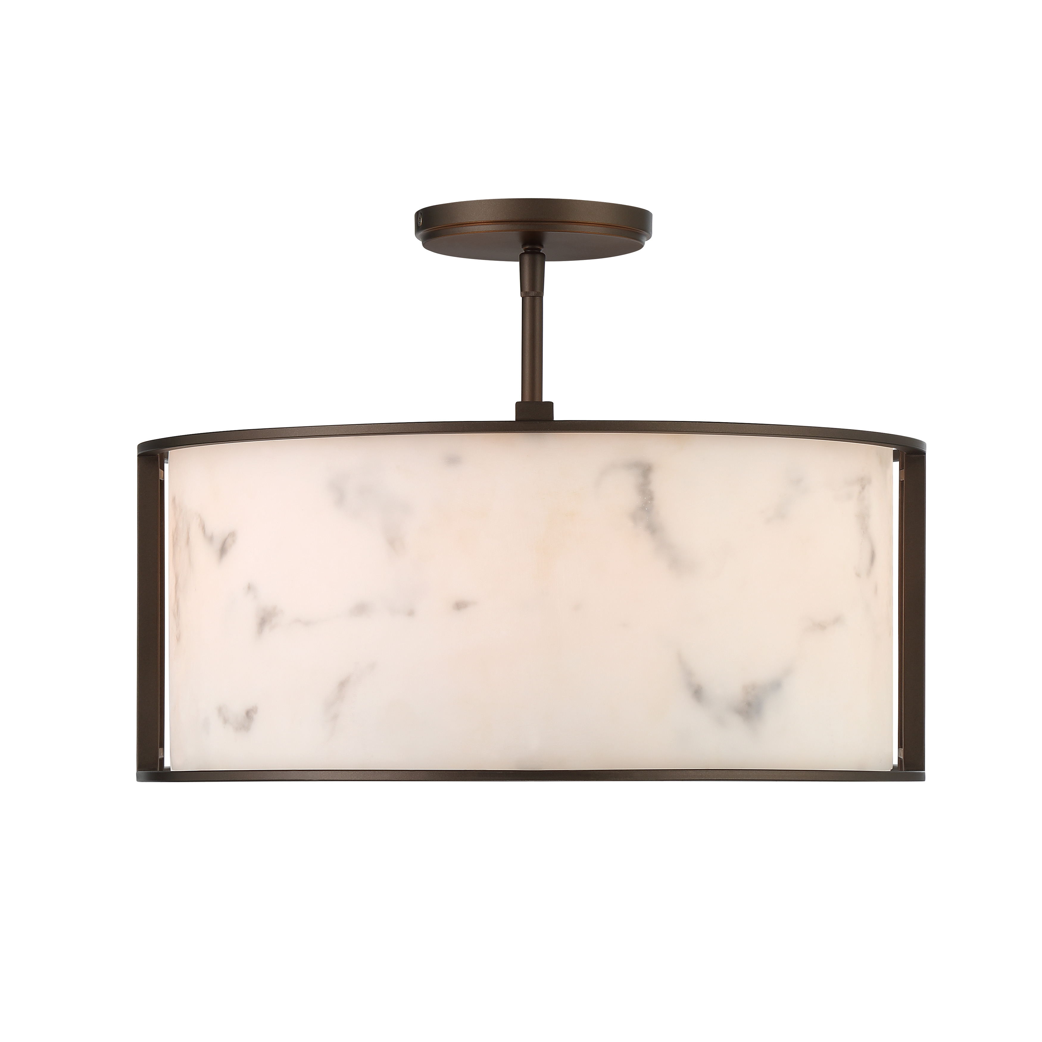 The Buchanan semi-flush mount combines contemporary styling with transitional warmth. Its Hellenic Bronze finish and faux alabaster glass create ambient lighting perfect for lower ceilings and intimate spaces. - alternate view