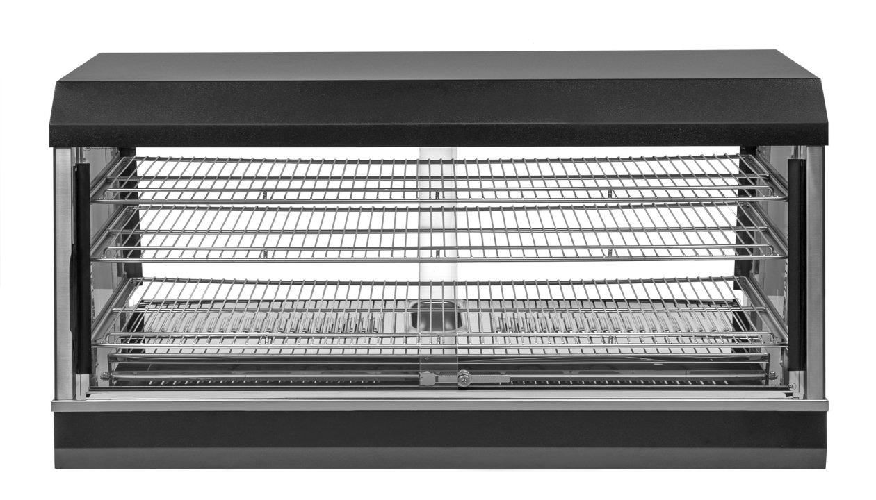 48-inch-wide 120-volt angled-front heated display case with front and rear access in black