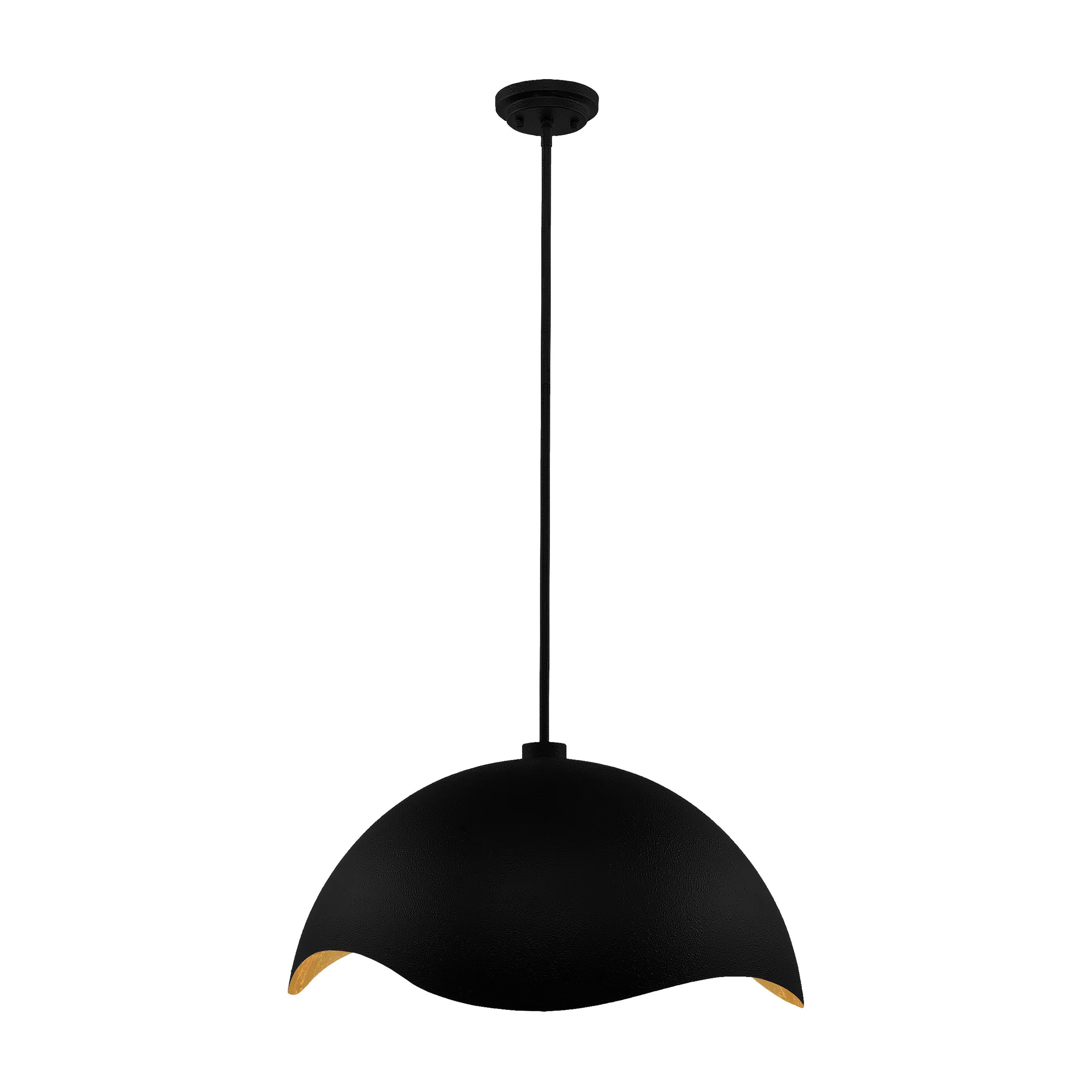 The Eclos pendant combines industrial-inspired design with sophisticated metalwork. Its textured sand coal black exterior contrasts beautifully with the gold leaf interior, creating warm ambient lighting with visual drama. - alternate view