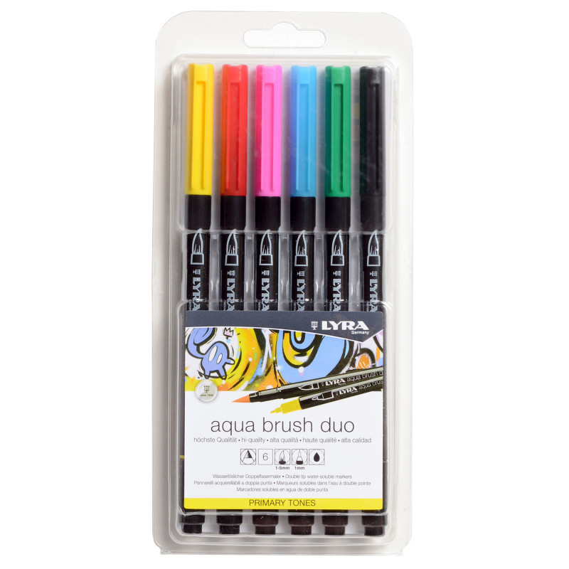 Aqua Brush Duo Dual Tip Marker Set, Primary Assorted Colors, 6 Pieces