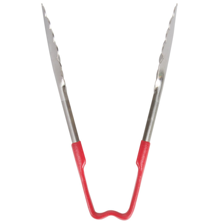 6-inch stainless steel one-piece scalloped tongs with red Kool-Touch® handle