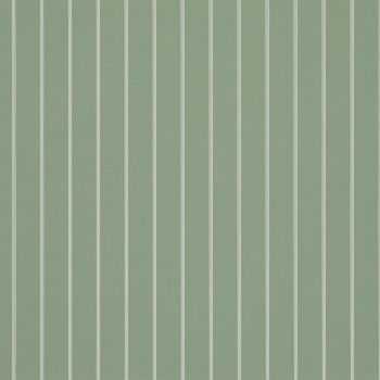 Wallpaper: muted sage-green textured background with evenly spaced double white pinstripes; the stripes run vertically across the surface, presenting a uniformly lit, uninterrupted wall field.