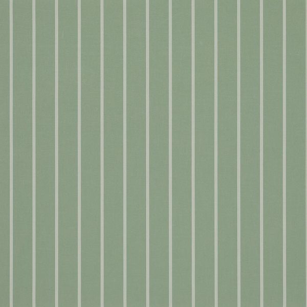 Wallpaper: muted sage-green textured background with evenly spaced double white pinstripes; the stripes run vertically across the surface, presenting a uniformly lit, uninterrupted wall field.