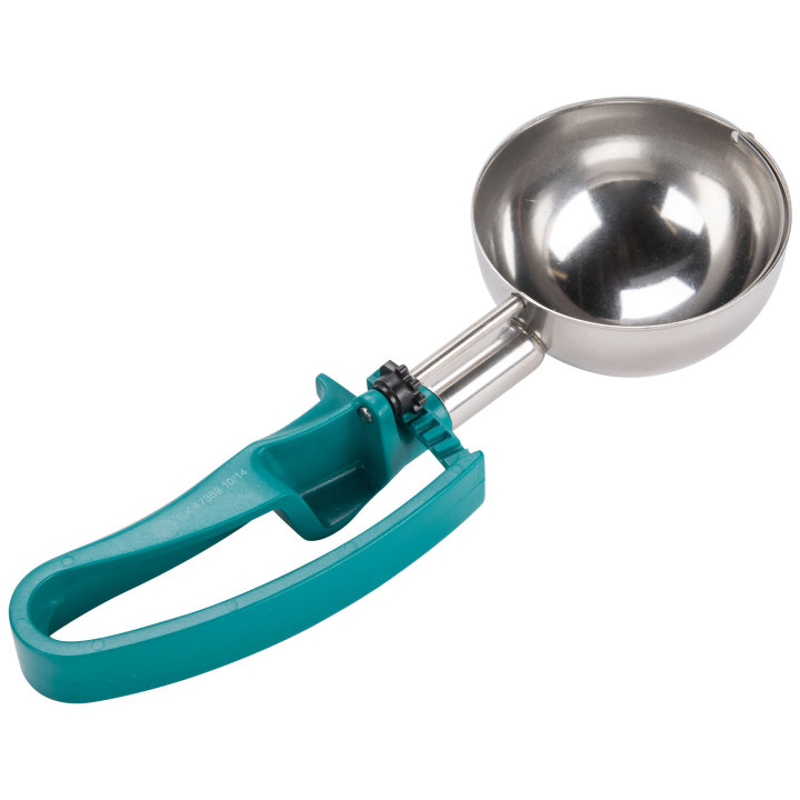 6-ounce disher with teal squeeze handle