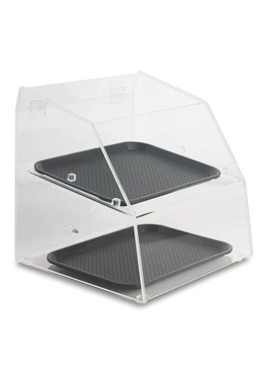Small 2-tier clear acrylic classic baked goods display case with rear access