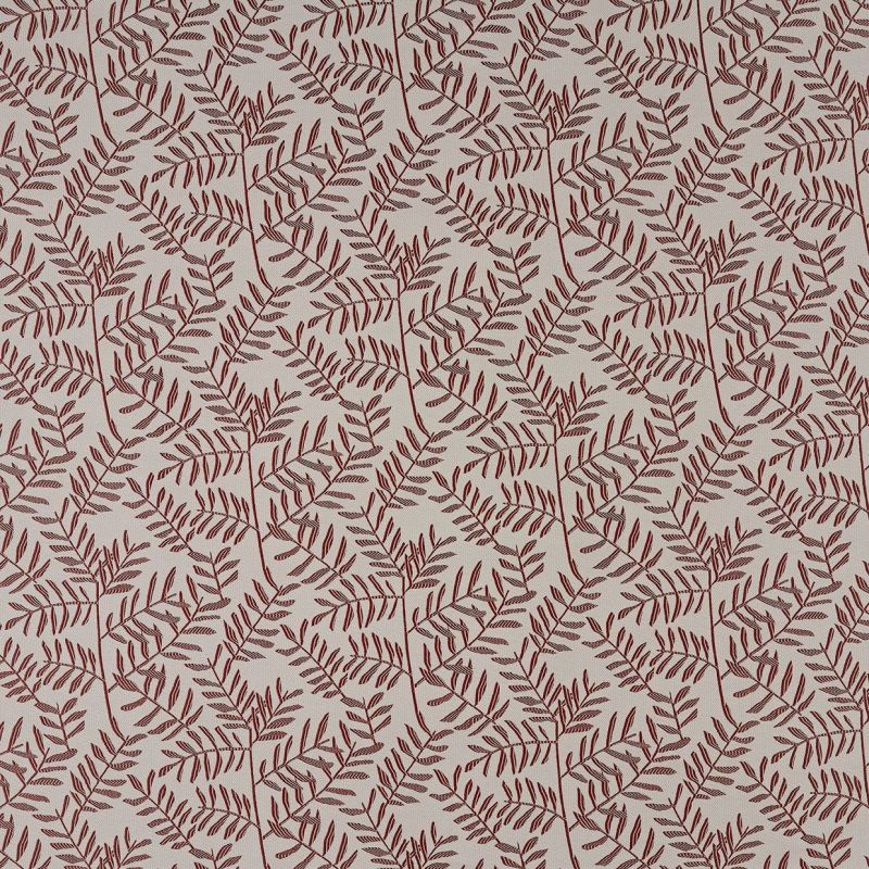 Beige wallpaper or fabric patterned with repeating maroon fern-like branches; the motif prints across the surface in a seamless repeat, shown as a flat, evenly lit close-up.