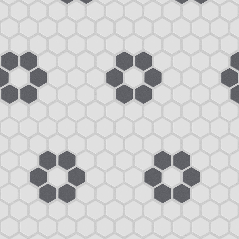 Sample – Gotham 1″ Hex White w/ Black Flower Porcelain Mosaic Tile