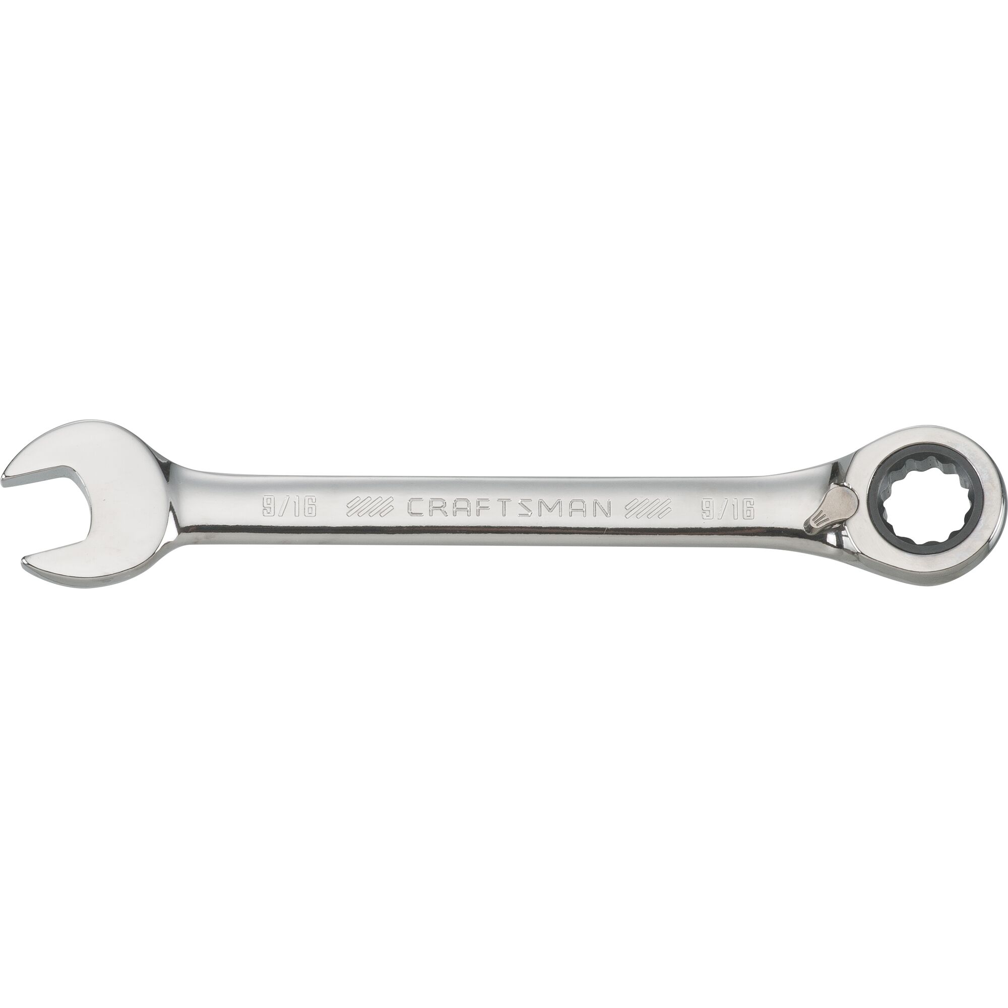 9 sixteenth inch 72 tooth 12 point S A E reversible ratcheting wrench.